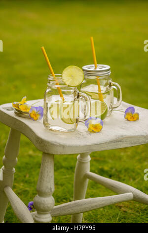 Été, des boissons dans des verres avec paille sur la pelouse Banque D'Images