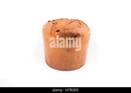 Gâteau de Noël Panettone avec noel glitter signe, houx, gui, du lierre et des feuilles de cyprès cèdre décoration branche fond blanc Banque D'Images