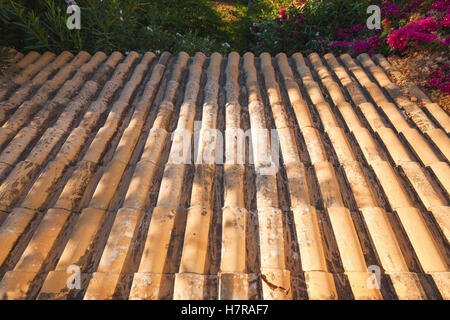 Carrelage ancien pente de toit descend dans un jardin d'été, photo de fond avec effet de perspective Banque D'Images