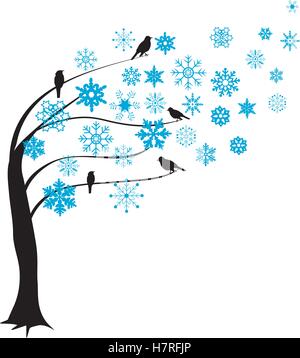 Vector illustration d'un arbre avec des flocons et silhouettes d'oiseaux Illustration de Vecteur