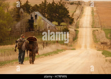 Les chasseurs Turquie transportant les dindes mortes Walking on Country Road Banque D'Images