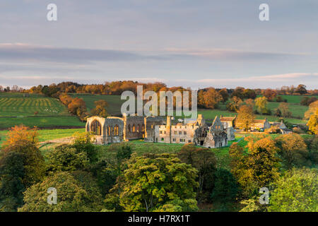 Abbaye Egglestone, Barnard Castle, comté de Durham, Royaume-Uni Teesdale. Mardi 8 novembre 2016, UK Weather. Un démarrage à froid de la journée comme les premiers rayons du soleil levant grève les ruines de l'abbaye Egglestone près de Barnard Castle dans le nord-est de l'Angleterre. La prévision est pour la neige et d'arriver du jour au lendemain avec les zones de collines au-dessus de 400 mètres d'avoir attendu jusqu'à 15cm. Crédit : David Forster/Alamy Live News Banque D'Images