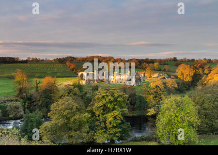 Abbaye Egglestone, Barnard Castle, comté de Durham, Royaume-Uni Teesdale. Mardi 8 novembre 2016, UK Weather. Un démarrage à froid de la journée comme les premiers rayons du soleil levant grève les ruines de l'abbaye Egglestone près de Barnard Castle dans le nord-est de l'Angleterre. La prévision est pour la neige et d'arriver du jour au lendemain avec les zones de collines au-dessus de 400 mètres d'avoir attendu jusqu'à 15cm. Crédit : David Forster/Alamy Live News Banque D'Images