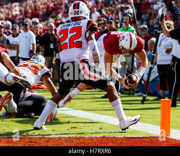 Palo Alto, Californie, USA. 5ème Nov, 2016. Quarterback Stanford Keller Chryst (10 plongées) pour la fin de la zone d'action en NCAA football à l'Université de Stanford, avec l'Oregon State Beavers visiter le Stanford Cardinal. Stanford a gagné le match 26-15 © Seth Riskin/ZUMA/Alamy Fil Live News Banque D'Images