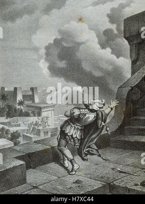 Moctezuma II (ch. 1466-1520). Neuvième tlatoani ou souverain de Tenochtitlan. Règne, 1502 à 1520. La mort de Moctezuma II. Il y a plusieurs versions de ce fait donné par plusieurs sources. Comme Bernal del Castillo dit, les Espagnols Moctezuma forcé d'apparaître sur le balcon de son palais, faisant appel à ses compatriotes à se retirer. Les gens ont été consternés par leur complicité de l'empereur et lui ont bombardé de pierres et de fléchettes. Il est mort peu de temps après. Cette version est ce qui est montré dans cette image. Gravure, 1875. Banque D'Images