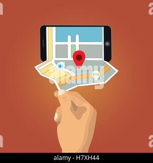 Mains courantes smartphone avec gps navigateur plan de ville Illustration de Vecteur