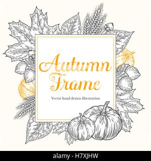 Conception d'automne pour carte de vœux. Vintage harvest festival automne éléments. Doodle vecteur dessiné à la main avec des feuilles de trame, acorn, cl Illustration de Vecteur