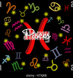 Poissons signe du zodiaque avec symboles astrologiques sur fond noir idéal pour les amateurs d'horoscope, le contenu astrologique et les conceptions sur le thème du zodiaque Banque D'Images