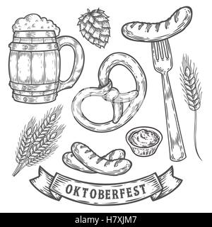 Artisanat en bois beer mug, pretzel, blé, fourchette, saucisses, hop, la moutarde. Oktoberfest vector set. Vintage noir gravé à la main sk Illustration de Vecteur