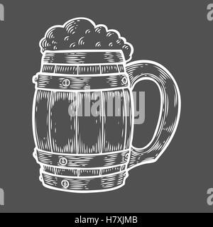 La bière artisanale en bois mug Oktoberfest. Black vintage engraved hand drawn vector illustration. Récipient cylindrique en bois croquis fo Illustration de Vecteur