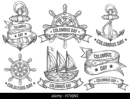 Happy columbus day vector hand drawn illustrations gravées. Retro Vintage nautical doodles, Helm, voile, bateau, ancre, ribbo Illustration de Vecteur