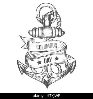 Happy columbus day vector hand drawn illustrations style gravé. Retro Vintage doodle nautique ancre, ruban. Logo croquis, em Illustration de Vecteur