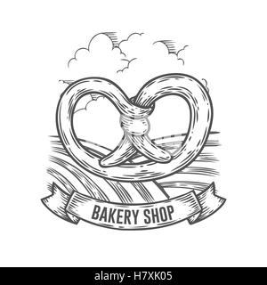 Boulangerie pain bretzel badge. Vintage engraved monochromes bun, gluten signe biologique isolé sur fond blanc. Sketch part Illustration de Vecteur