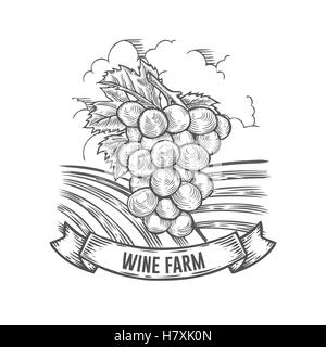 Wine farm badge. Gravure monochrome vintage signe raisin isolé sur fond blanc. Vector illustration croquis dessinés à la main. Illustration de Vecteur