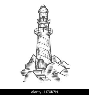 La tour phare sur les rochers, hand drawn vector illustration croquis gravure nautique. Retro Vintage marine navigation construire Illustration de Vecteur