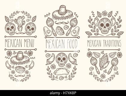 Doodle croquis mexicain, collection vector hand drawn éléments de l'étiquette. Crâne, crâne en sucre, sombrero, avocat, piment, cactus, citron vert, Illustration de Vecteur