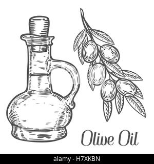 Bouteille d'huile d'olive, avec la direction générale de l'alimentation en feuilles et berry superfood usine ingrédient. Les matières organiques naturelles hand drawn vector dessin gravé Illustration de Vecteur