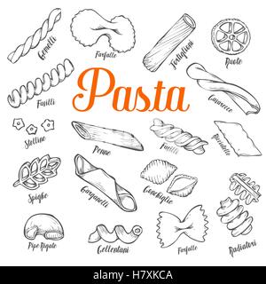 Les pâtes italiennes faites à la main. Collection de différents types de pâtes. Ligne rétro art vector illustration. Aliments sans gluten du blé Illustration de Vecteur