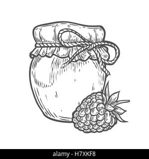 Pot de confiture de framboise à la main d'encre illustration vectorielle. Illustration de l'automne de la récolte. Aliments biologiques gravé illustration croquis. Bl Illustration de Vecteur