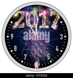 2017 5à12 coutdown horloge avec Fireworks colorés dans le ciel nocturne bleu foncé brillant mousseux lettrage police numéro Banque D'Images