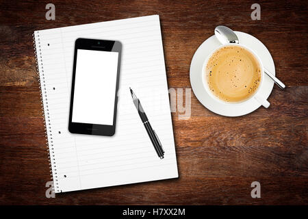 Table de bureau en bois voir briser concept avec le bloc-notes et stylo smart phone Coffee cup Banque D'Images