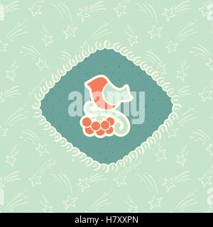 Noël et Nouvel An vintage ornate frame avec petit oiseau posé sur rowan tree branch symbole. Message d'illustration Doodle c Illustration de Vecteur