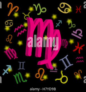 Signe du zodiaque Vierge avec symboles astrologiques sur fond sombre parfait pour les amateurs d'astrologie, les amateurs d'horoscope et les éléments de conception spirituelle. Banque D'Images
