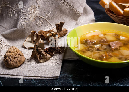 Soupe aux champignons en plaque verte sur un fond noir en noir. Cèpes séchés plusieurs champignons sauvages ou blanc sur tissu marron. Banque D'Images