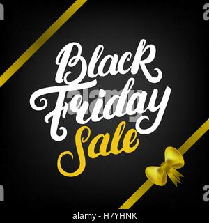 Le vendredi noir Vente part written lettrage en ruban jaune et bow. La calligraphie au pinceau moderne pour banner, étiquettes, badges, affiches Illustration de Vecteur