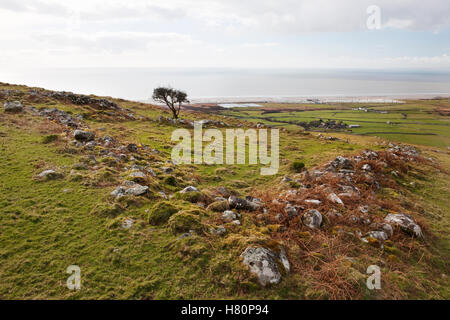 Restes d'une enceinte rectangulaire de la fin du Moyen Âge sur Mynydd Egryn Egryn ci-dessus (Abbaye) Hall Farm & la côte s de Morfa Dyffryn. Banque D'Images