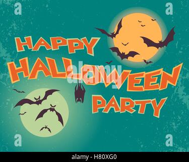 Happy Halloween party. Texte. Les chauves-souris sur un fond de coucher du soleil et de la Lune. Illustration vectorielle Stock. Illustration de Vecteur