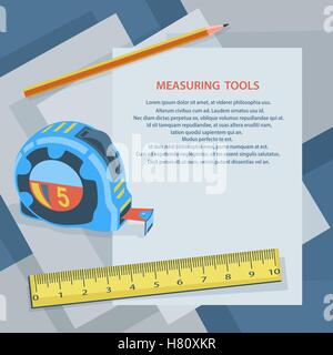 Les instruments de mesure, ruban à mesurer, règle, crayon, contre les feuilles de papier. Feuille blanche avec l'espace pour le texte. Mauvais vecteur Stock Illustration de Vecteur