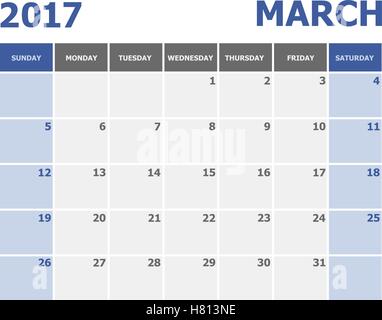 Mars 2017 Calendrier semaine commence le dimanche, vecteur d'actions Illustration de Vecteur