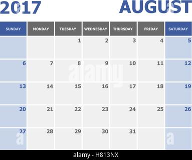 Août 2017 Calendrier semaine commence le dimanche, vecteur d'actions Illustration de Vecteur