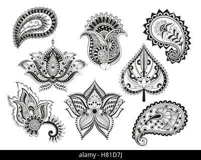 Vector illustration set doodle zentangle fleurs boho paisley indien méditation orientale objet isolé. Pour une coloration isolés Banque D'Images