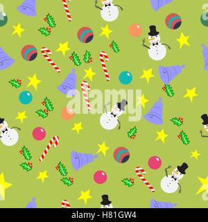 Modèle sans couture avec cute cartoon Christmas Bells, canne à sucre, des baies de houx, souriant bonhomme de neige, boules et étoiles Illustration de Vecteur