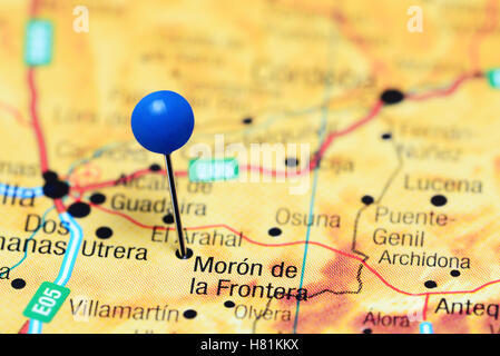 Moron de la Frontera épinglée sur une carte de l'Espagne Banque D'Images