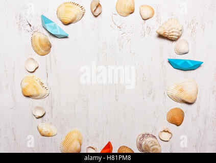 Motif, composition de coquillages sur un fond blanc, vue du dessus. Banque D'Images