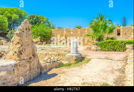 Les villas romaines sont populaires site archéologique de Carthage, contient les ruines des murs, des colonnes, des mosaïques, de la Tunisie. Banque D'Images