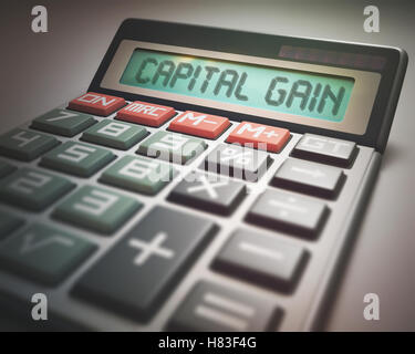 Calculatrice solaire avec le mot GAIN EN CAPITAL sur l'écran. 3D Illustration, concept de droit des affaires et de la finance. Banque D'Images