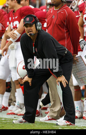 23 octobre 2010, Stanford, CA, USA ; l'entraîneur-chef Jim Stanford Cardinal Harbaugh regarde le match contre les Couguars de l'État de Washington depuis les coulisses pendant le premier trimestre à Stanford Stadium. Banque D'Images