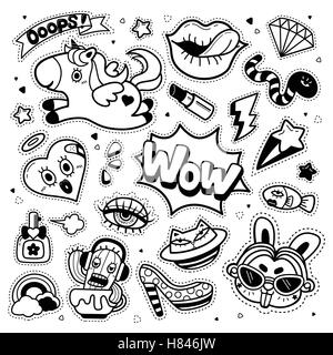 Joli Set de badges patch, trendy collection d'éléments de décoration. Broderie ou d'autocollants dans un style de dessin animé. Noir et blanc. Illustration de Vecteur