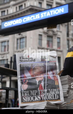 London Evening Standard annonce la victoire de Donald Trump sur sa première page, à l'affiche dans Oxford Street à Londres. Banque D'Images