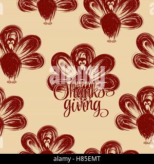 Hand drawn seamless pattern. silhouettes turquie Joyeux thanksgiving lettrage à la main. Modèle de conception de boucherie viande pour les métiers d'emballage. Arrière-plan de l'emballage transparent. Vector illustration Illustration de Vecteur