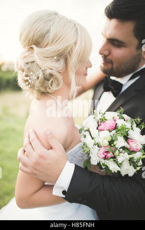 Marié est tenue et d'embrasser son épouse sur l'arrière-plan le coucher du soleil Banque D'Images