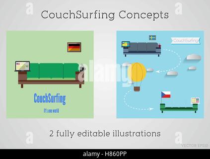 Ensemble de Couch Surfing concept. Billet d'infographie. Partagez votre canapé. 2015. Voyage à travers le monde gratuitement. Peut être utilisé comme affiche, bannière, carte, etc. modèle de télévision design minimaliste. Vector Illustration de Vecteur