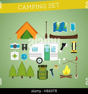 L'équipement de camping cartoon lumineux Icon Set en vecteur. Les loisirs, vacances et sport symboles. Modèle plat. Vector illustration Illustration de Vecteur