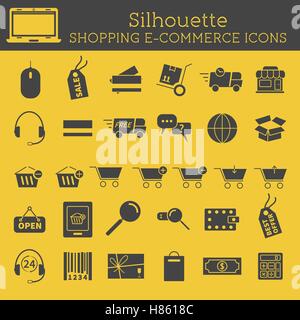 Ensemble d'icônes Shopping en ligne Silhouette isolé sur fond jaune. Peuvent être utilisés comme éléments d'infographie, web et mobile app icons etc. Facile à repeindre et redimensionner. Vector illustration. Illustration de Vecteur