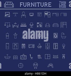Set de meubles contours d'icônes. Fine ligne design. Éléments d'accueil et de symboles sur dlue arrière-plan. Vector illustration Illustration de Vecteur