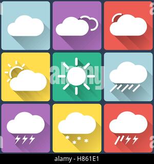 Télévision météo icons set sur fond multicolore boutons. Le thème des saisons, facile à utiliser sous forme d'icônes, logo sur web, mobile app. Vector illustration Illustration de Vecteur